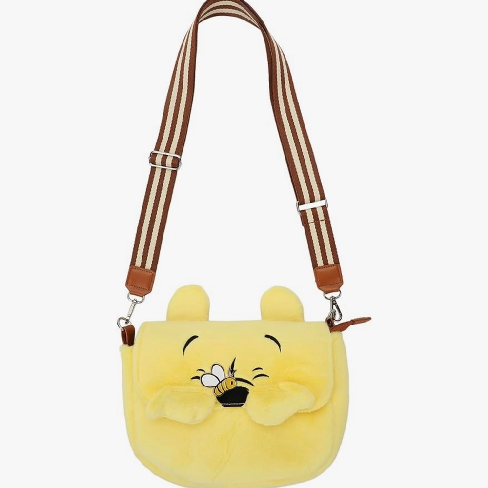Yellow Plush Crossbody Bag with Striped Strap Winnie the Pooh